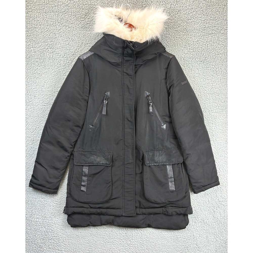 Derek Lam 10 Crosby Parka Jacket Womens L Black Faux Fur Hood Winter Warm
